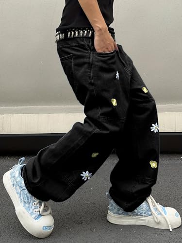 DFGIGT Mens Wide Leg Jeans Patchwork Flower Daisy Embroidery